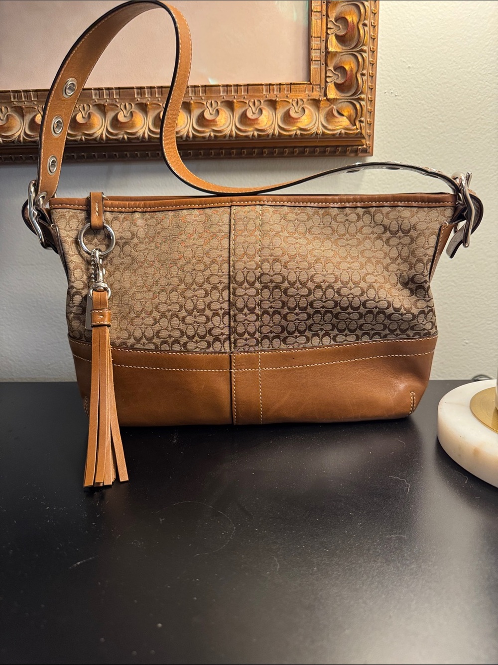 Coach Brown Signature Canvas Shoulder Bag with Leather Trim and Tassel